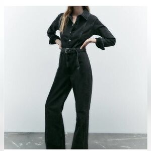 Zara Black Denim TRF Full Length Belted Jumpsuit Overalls Women’s Size Small NWT